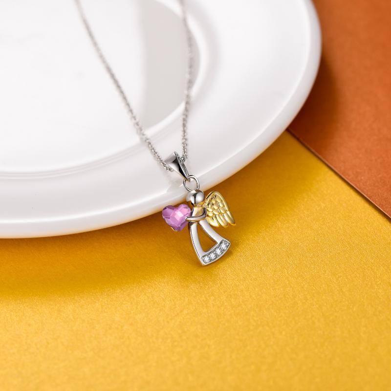 Sterling Silver Two-tone Crystal Angel & Heart Necklace for Women-3