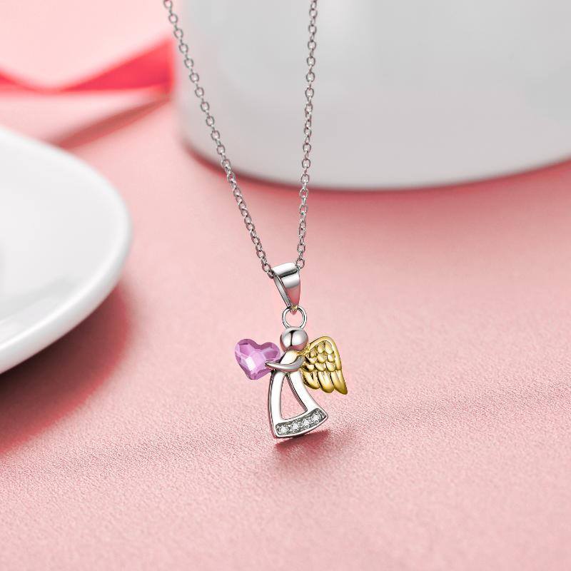Sterling Silver Two-tone Crystal Angel & Heart Necklace for Women-4