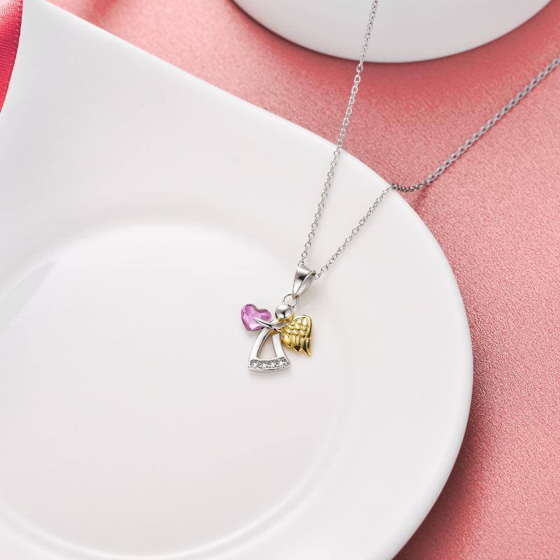Sterling Silver Two-tone Crystal Angel & Heart Necklace for Women-5