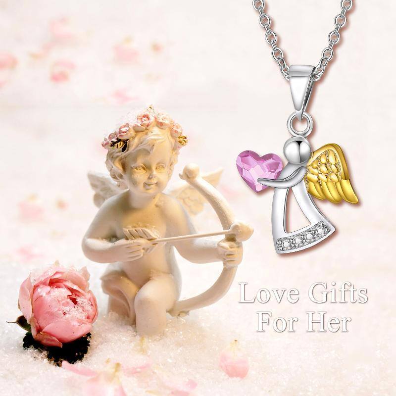Sterling Silver Two-tone Crystal Angel & Heart Necklace for Women-7