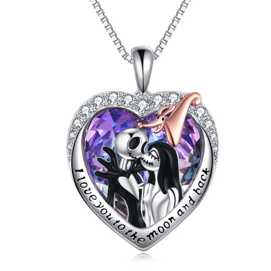 Sterling Silver Two-tone Heart Crystal Couple & Heart Pendant Necklace with Engraved Word-4