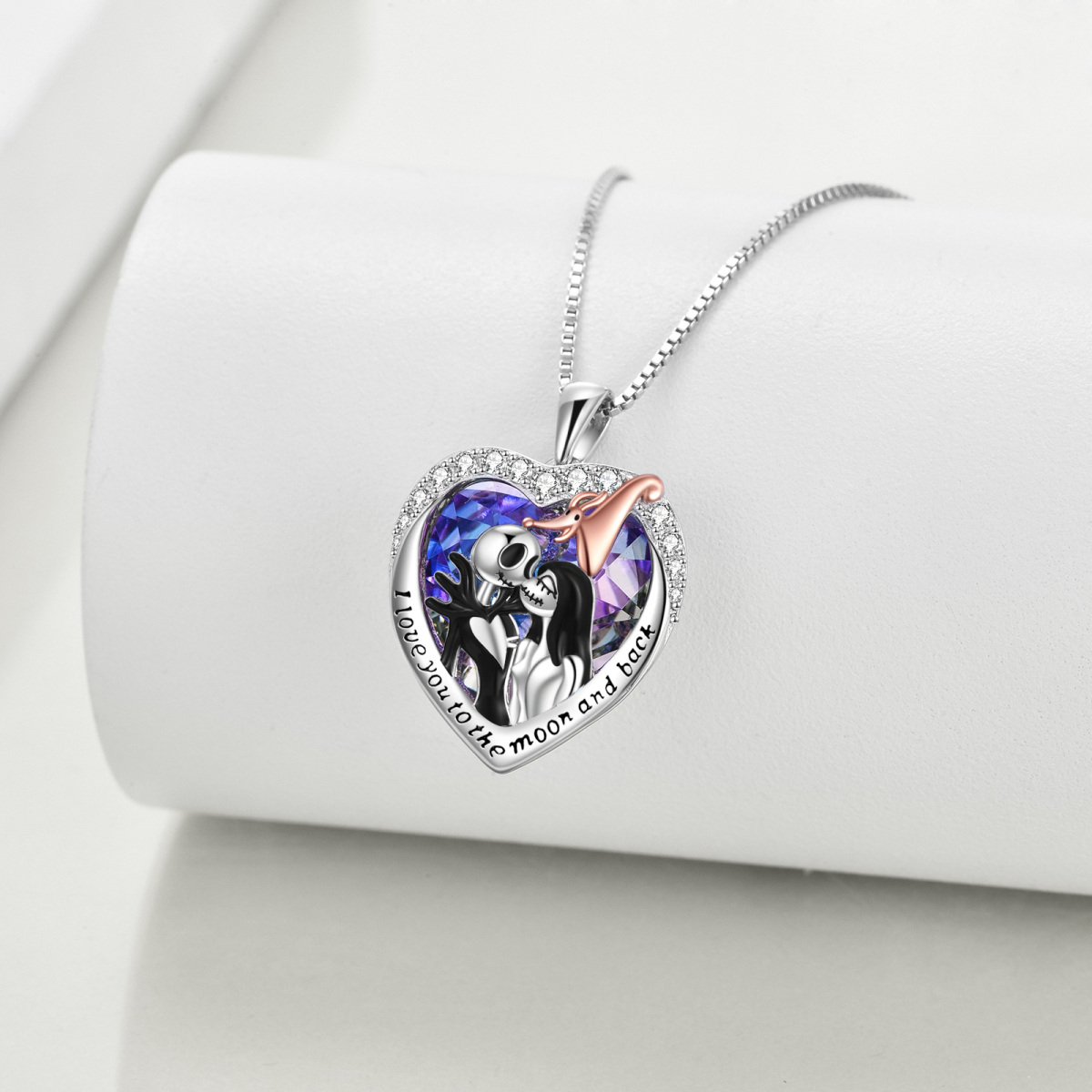 Sterling Silver Two-Tone Heart Crystal Pendant Necklace With Engraved Word For Couple-4