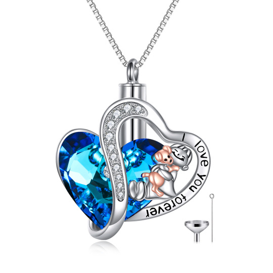 Plata de ley de dos tonos de cristal del corazón del perro y el corazón urna collar con la