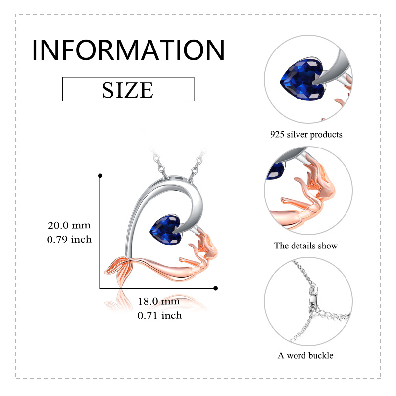 Coda di sirena in cristallo a cuore bicolore in argento sterling con collana pendente da donna-5