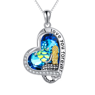 Sterling Silver Two-tone Heart Crystal Mermaid Tail & Heart Pendant Necklace with Engraved Word-2