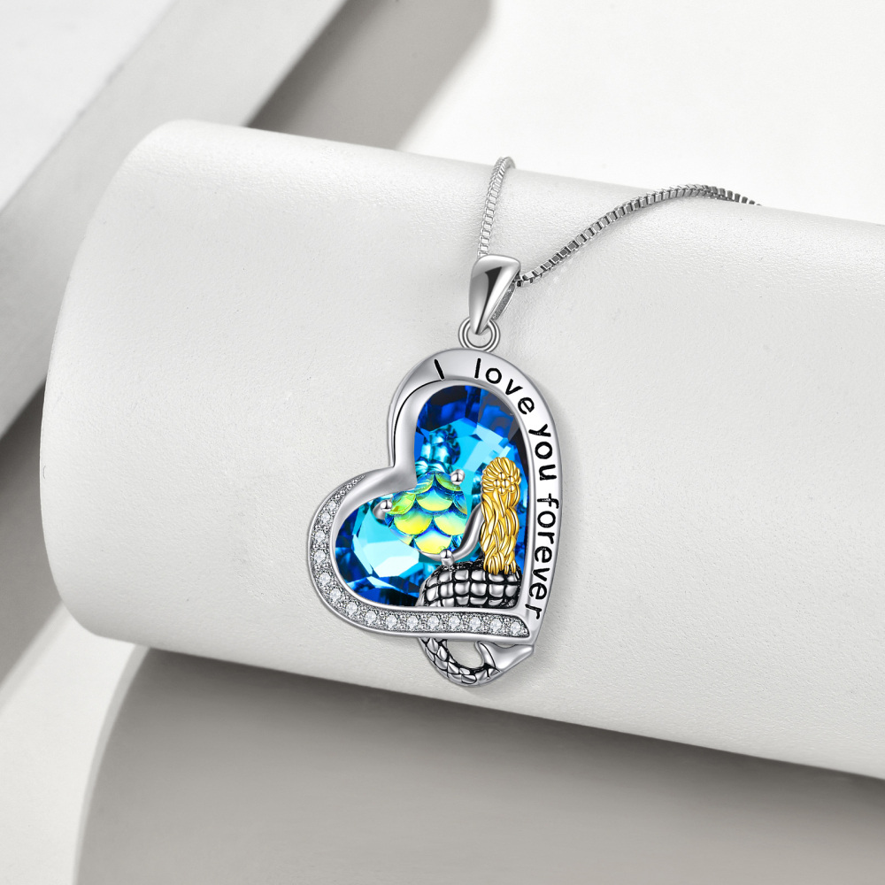 Sterling Silver Two-tone Heart Crystal Mermaid Tail & Heart Pendant Necklace with Engraved Word-3