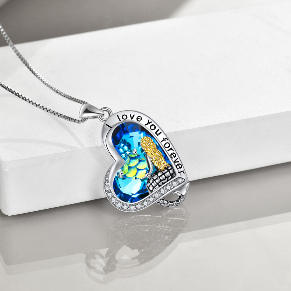 Sterling Silver Two-tone Heart Crystal Mermaid Tail & Heart Pendant Necklace with Engraved Word-4