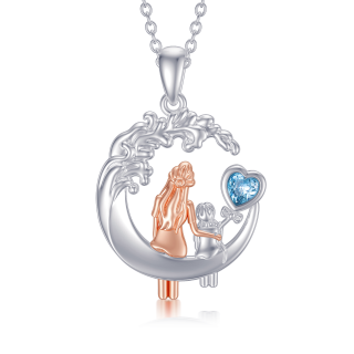 Sterling Silver Two-tone Heart Crystal Mother & Moon Pendant Necklace-28