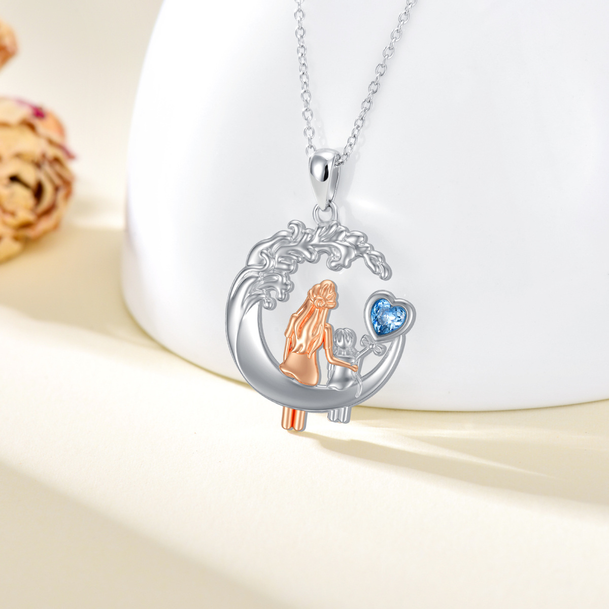 Collana con ciondolo Madre e Luna in argento sterling con cuore e cristallo bicolore-3