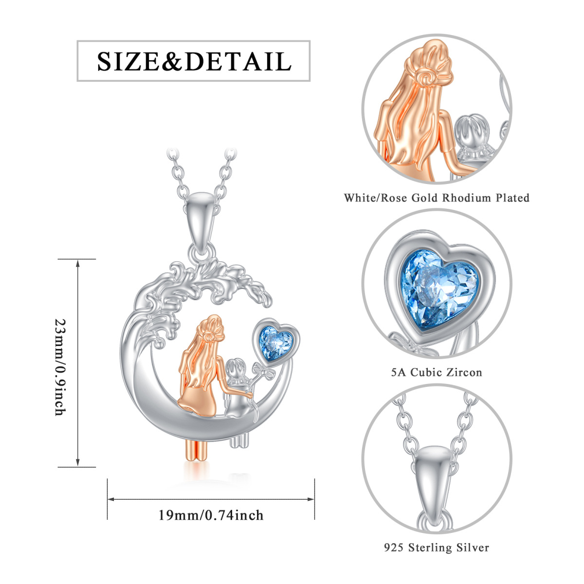 Sterling Silber zweifarbig Herz Kristall Mutter & Mond Anhänger Halskette-5