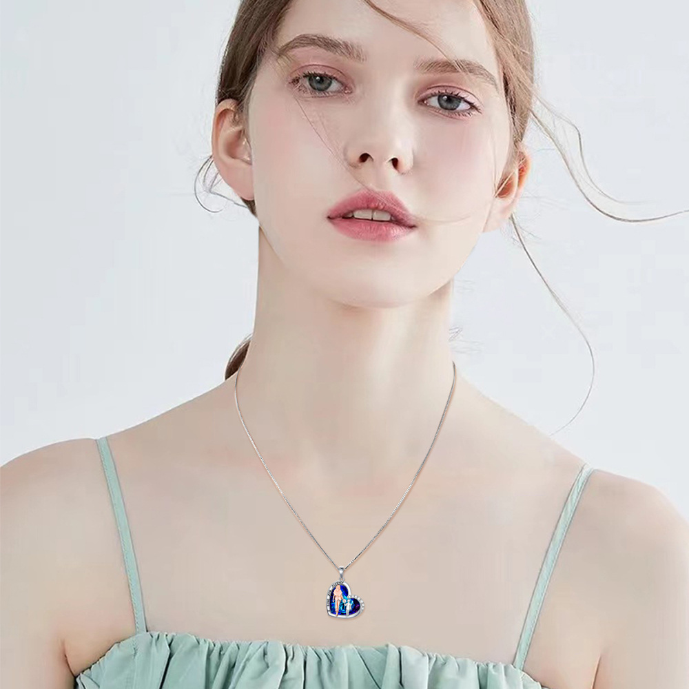 Sterling zilveren tweekleurige hart-kristallen hanger ketting met gegraveerd woord voor dames-2