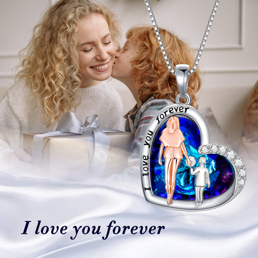 Sterling zilveren tweekleurige hart-kristallen hanger ketting met gegraveerd woord voor dames-3