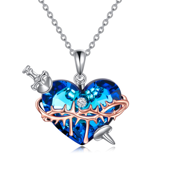 Sterling Silver Two-tone Heart Crystal Pendant Necklace