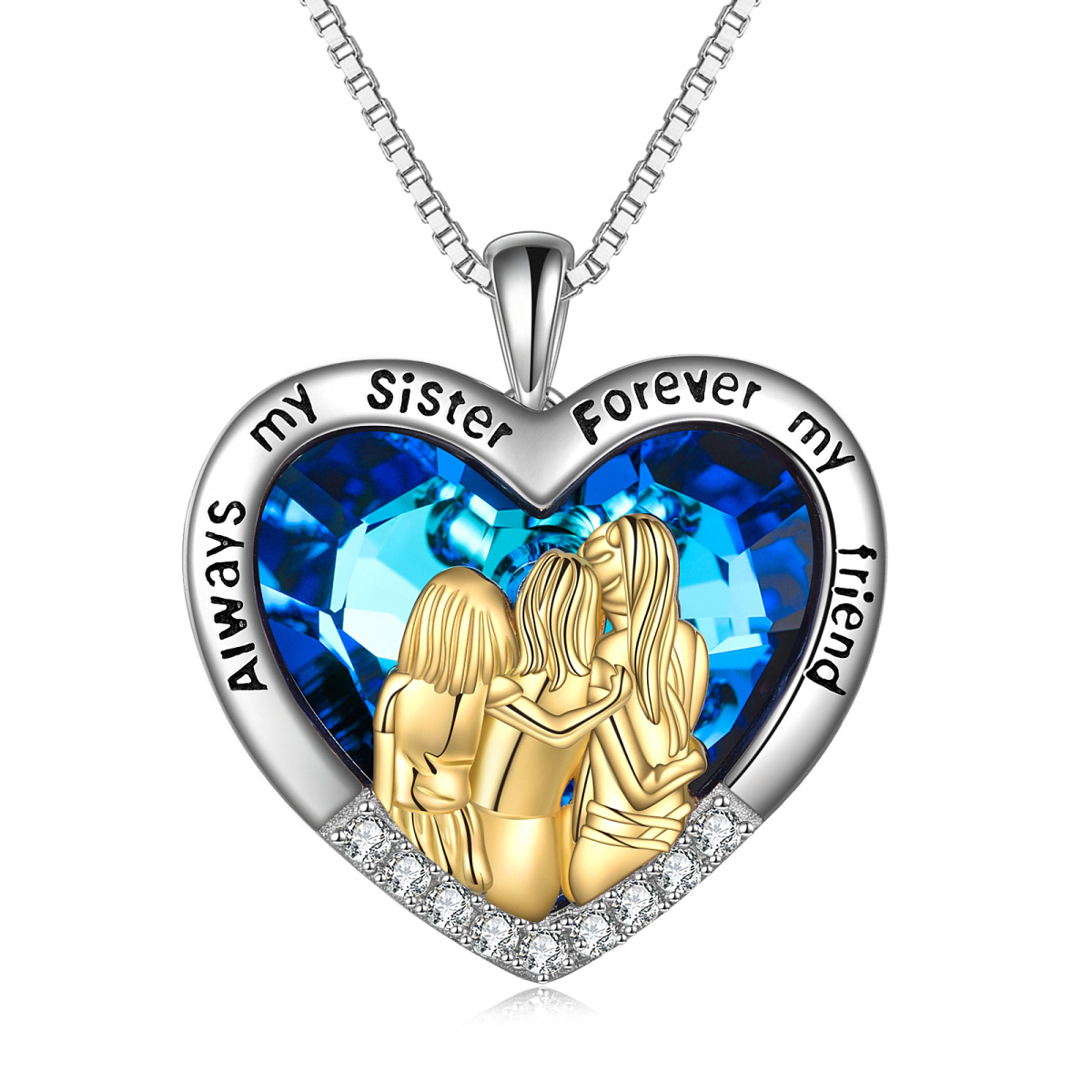 Plata de ley de dos tonos Corazón de cristal Hermanas collar colgante con la palabra graba-1