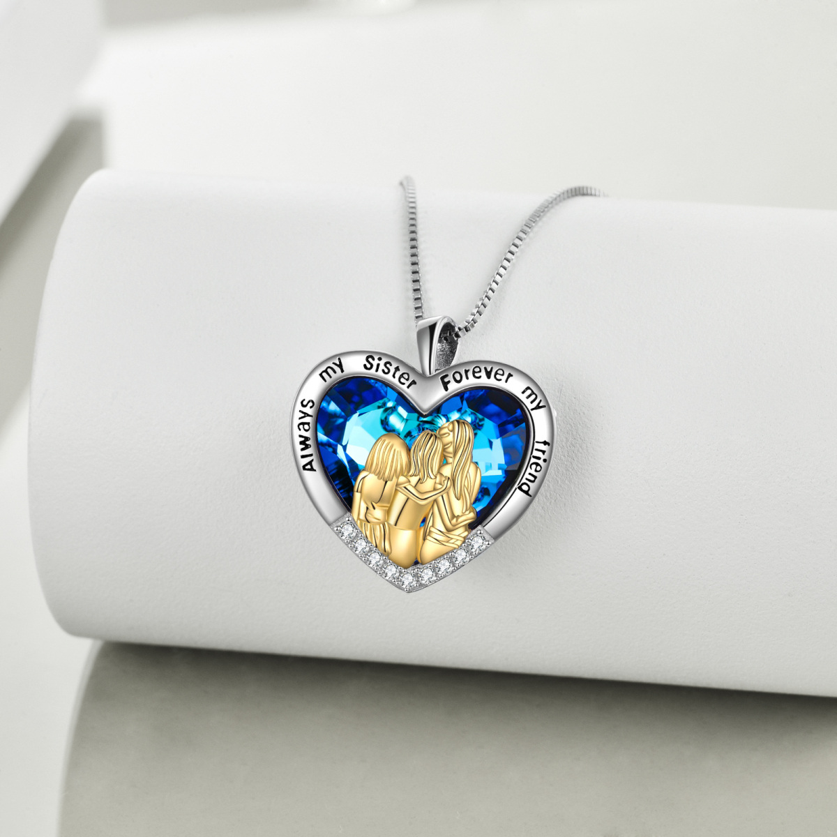 Sterling Silver Two-tone Heart Crystal Sisters Pendant Necklace with Engraved Word-3