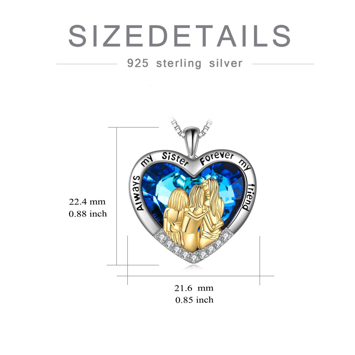 Sterling Silver Two-tone Heart Crystal Sisters Pendant Necklace with Engraved Word-5