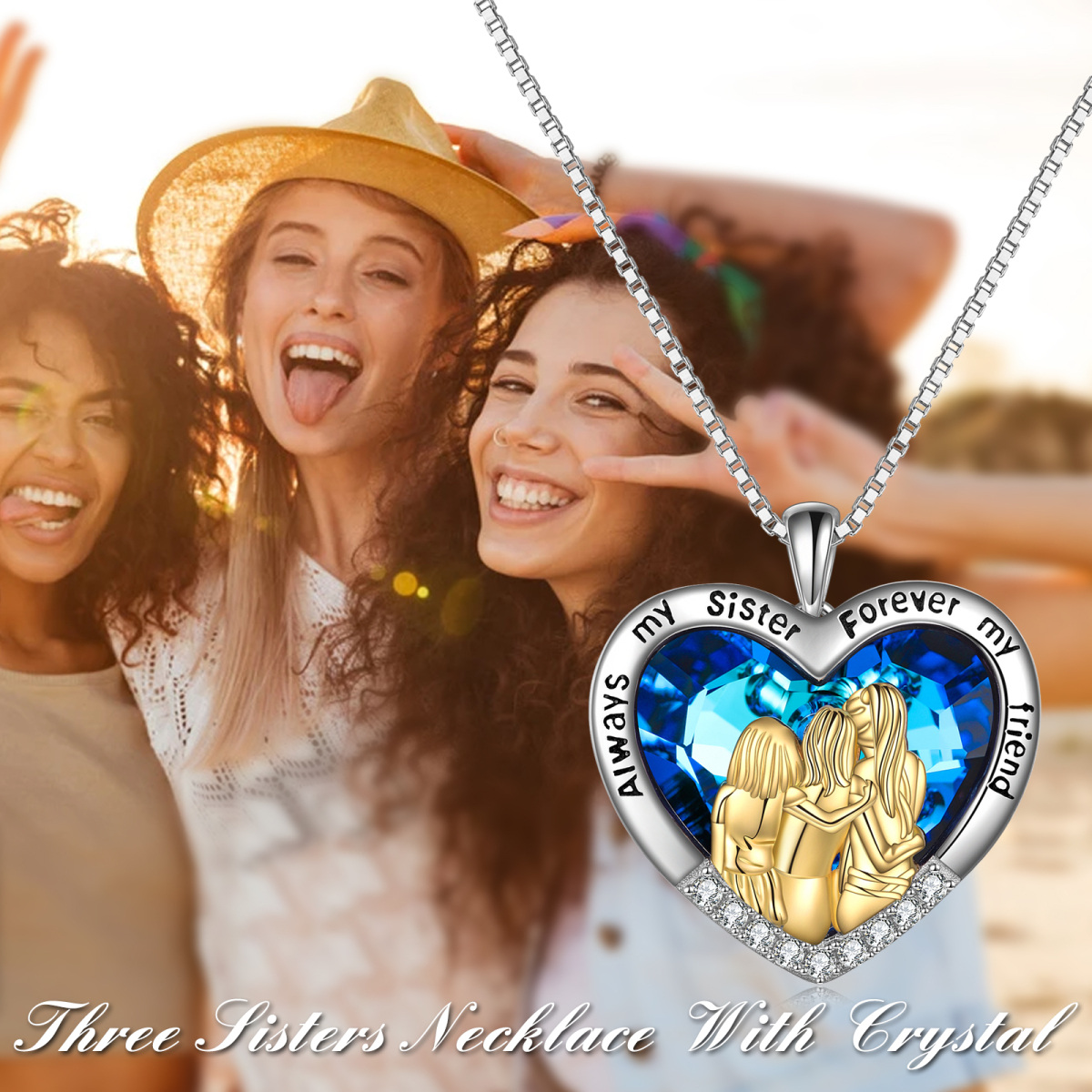 Plata de ley de dos tonos Corazón de cristal Hermanas collar colgante con la palabra graba-6