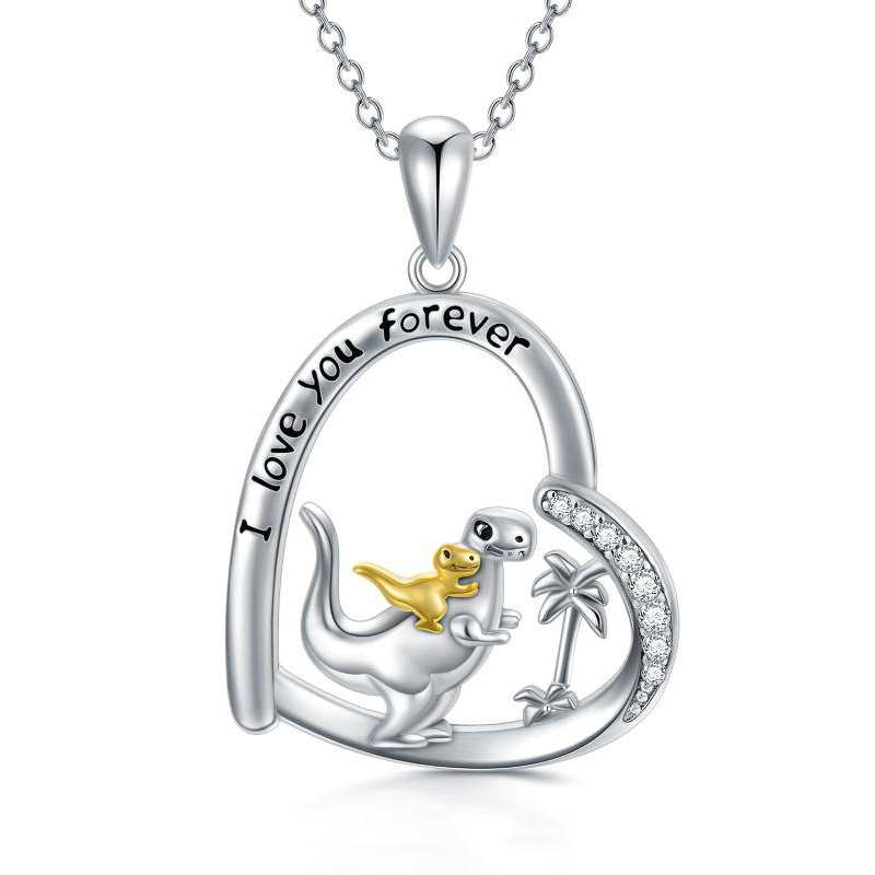 Sterling Silver Two-Tone Heart Dinosaur Mom With Baby Pendant Necklace With Engraved Word For Women Best Friend-1