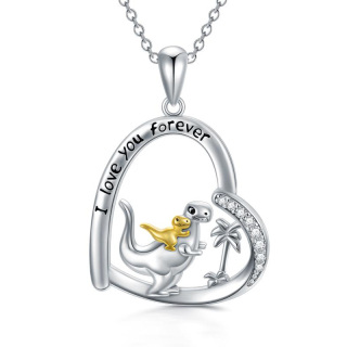 Sterling Silver Two-Tone Heart Dinosaur Mom With Baby Pendant Necklace With Engraved Word For Women Best Friend-48