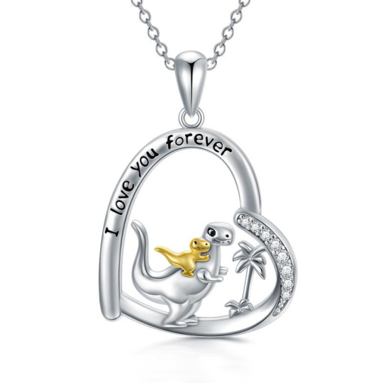 Sterling Silver Two-Tone Heart Dinosaur Mom With Baby Pendant Necklace With Engraved Word For Women Best Friend