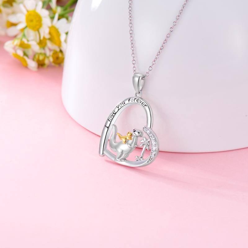 Sterling Silver Two-Tone Heart Dinosaur Mom With Baby Pendant Necklace With Engraved Word For Women Best Friend-3