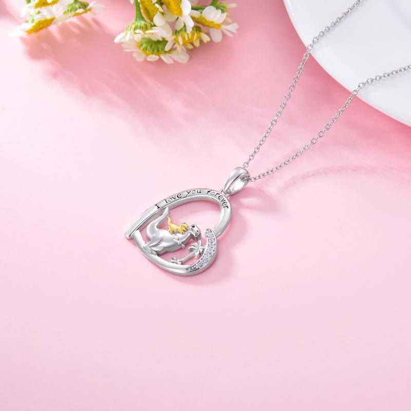 Collar con colgante de plata de ley con forma de corazón, dinosaurio, mamá y bebé, dos tonos, con palabra grabada para mujer, mejor amiga-4