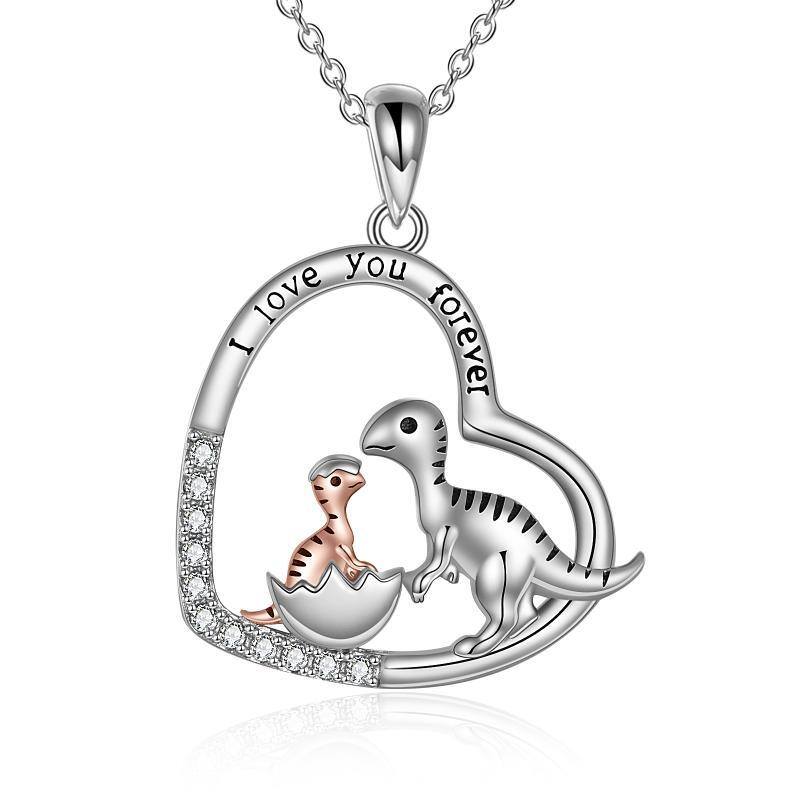 Sterling Silver Two-tone Heart Dinosaur Mom and Baby Pendant Necklace with Engraved Word-13