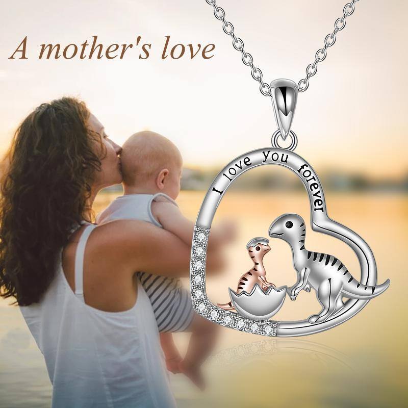 Sterling Silver Two-tone Heart Dinosaur Mom and Baby Pendant Necklace with Engraved Word-3