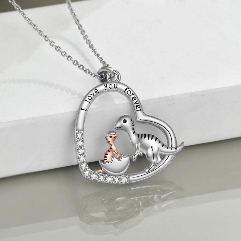 Sterling Silver Two-tone Heart Dinosaur Mom and Baby Pendant Necklace with Engraved Word-4