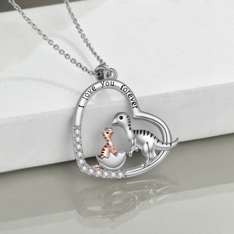 Collana in argento sterling con ciondolo a forma di cuore di dinosauro per mamma e bambino con parola incisa-4