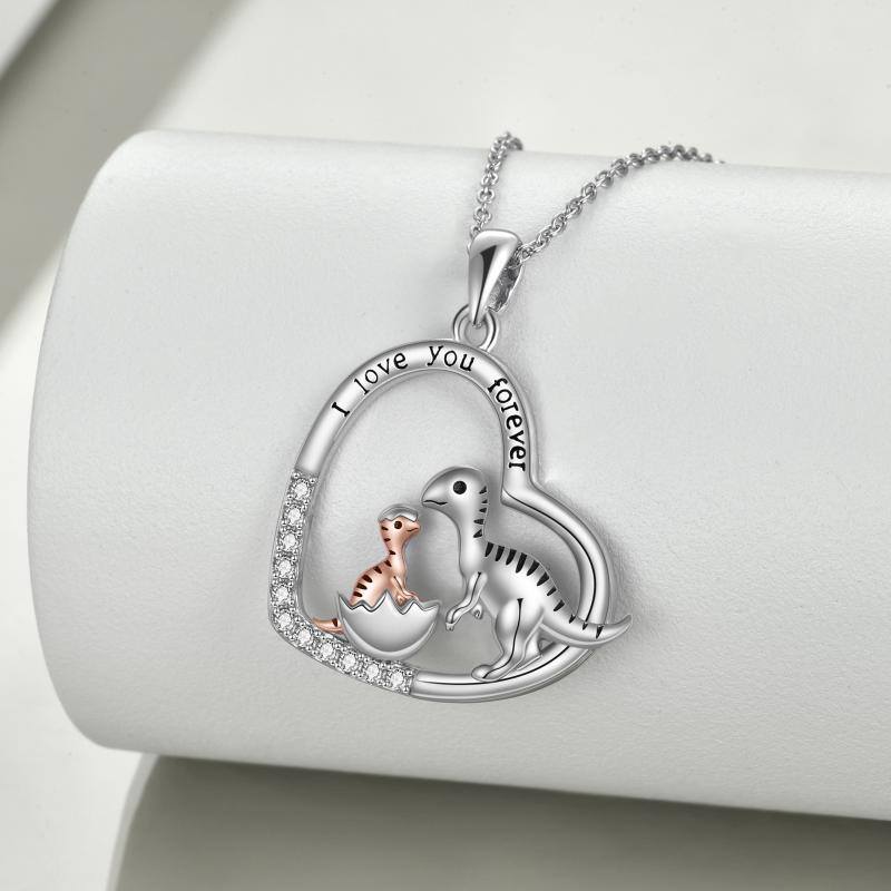 Sterling Silver Two-tone Heart Dinosaur Mom and Baby Pendant Necklace with Engraved Word-5