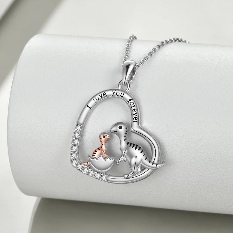 Collana in argento sterling con ciondolo a forma di cuore di dinosauro per mamma e bambino con parola incisa-5