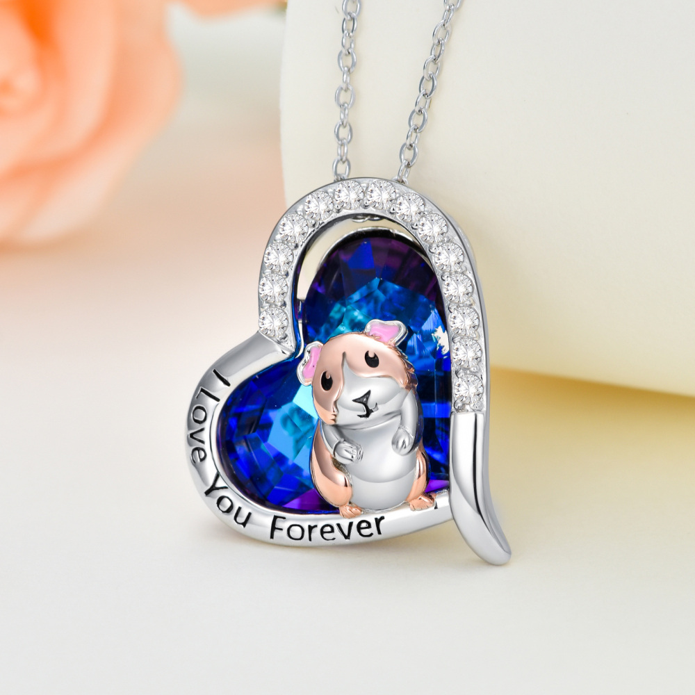 Sterling Silver Two-Tone Heart Crystal Dog Pendant Engraving Necklace For Women-4