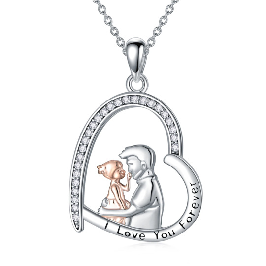 Collier en argent sterling avec pendentif père et fille en forme de coeur bicolore avec mot gravé