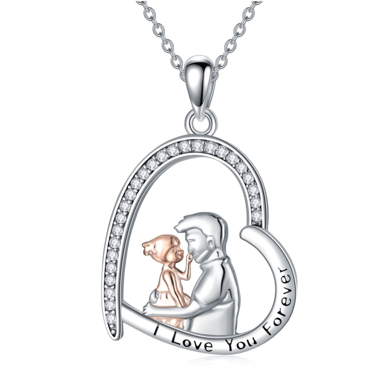Sterling Silver Two-tone Heart Father & Daughter Pendant Necklace with Engraved Word-13
