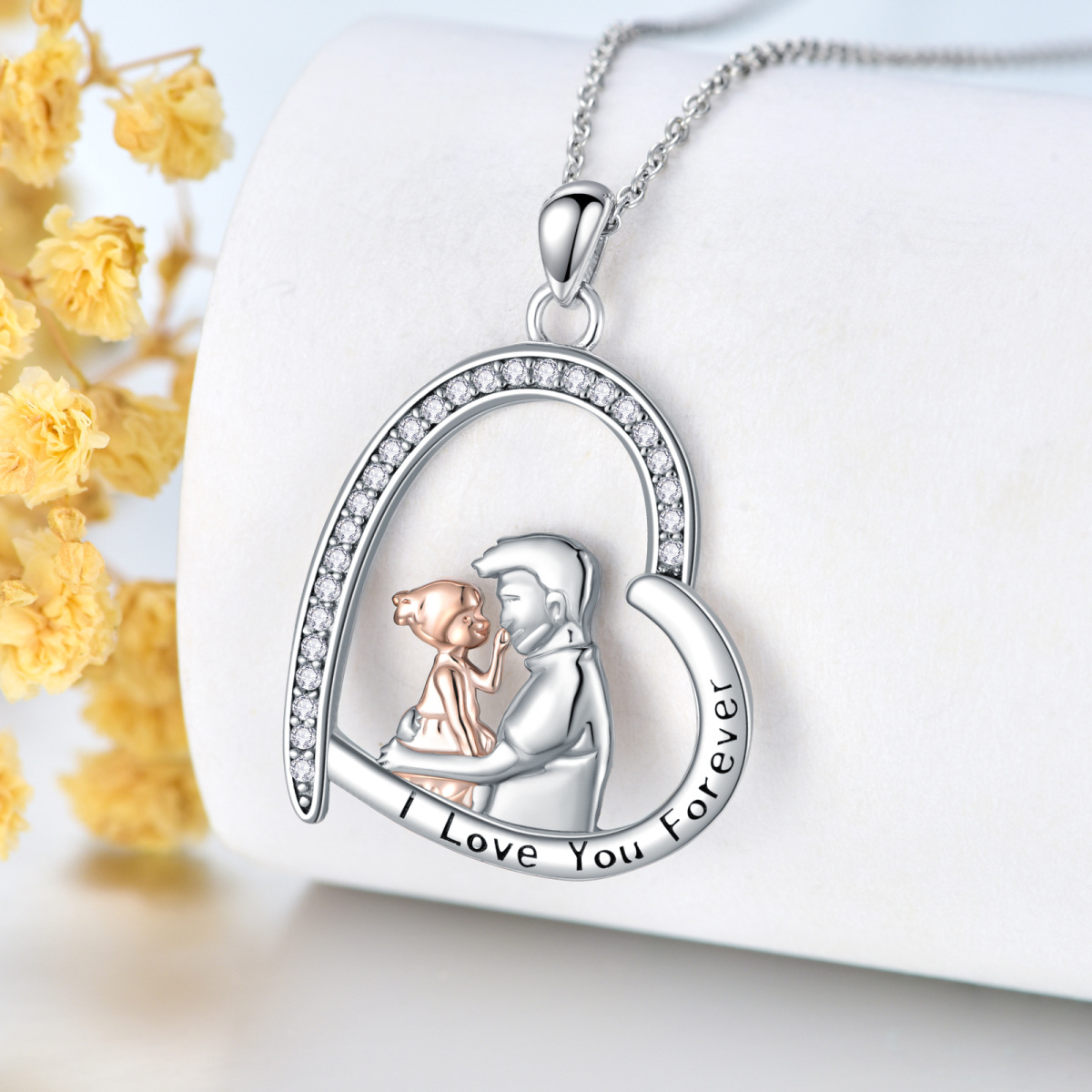 Sterling Silver Two-tone Heart Father & Daughter Pendant Necklace with Engraved Word-3