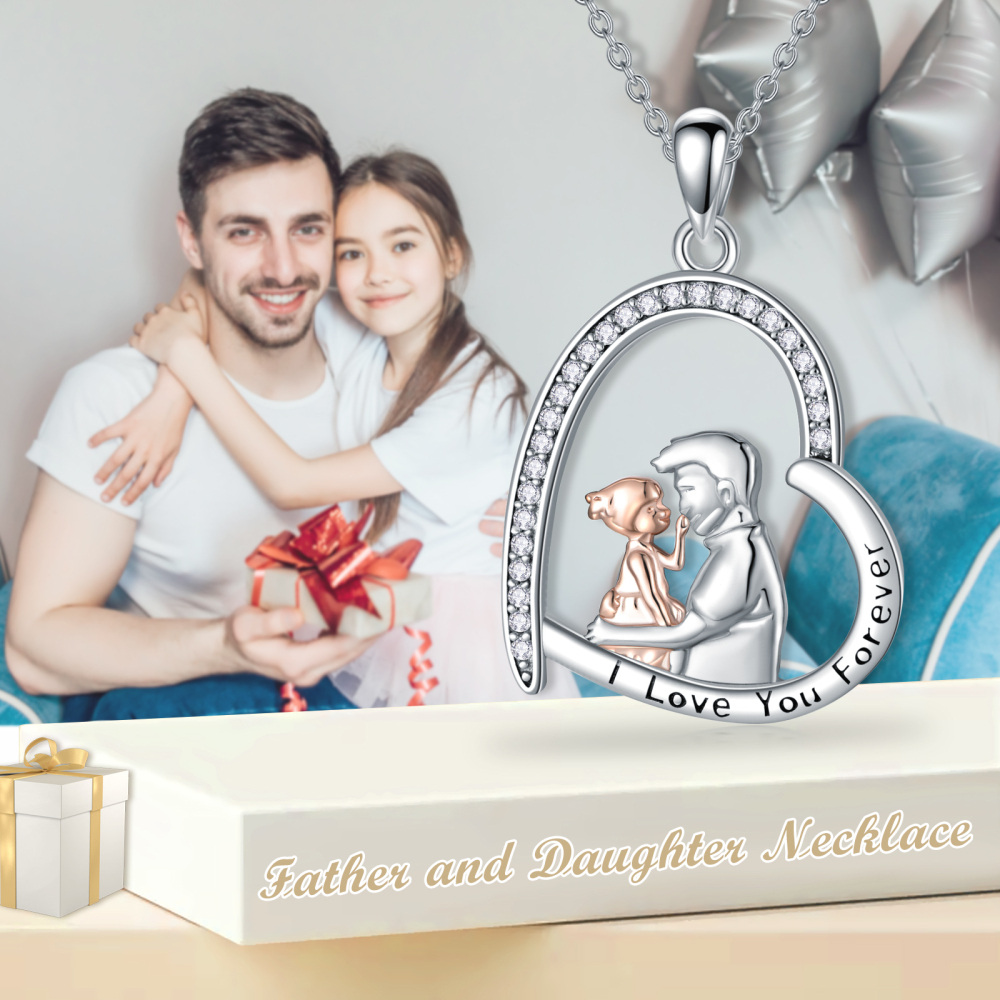 Sterling Silver Two-tone Heart Father & Daughter Pendant Necklace with Engraved Word-6