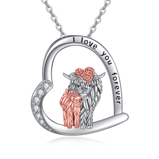 Sterling Silver Two-tone Heart Highland Cow & Rose Pendant Necklace with Engraved Word-56