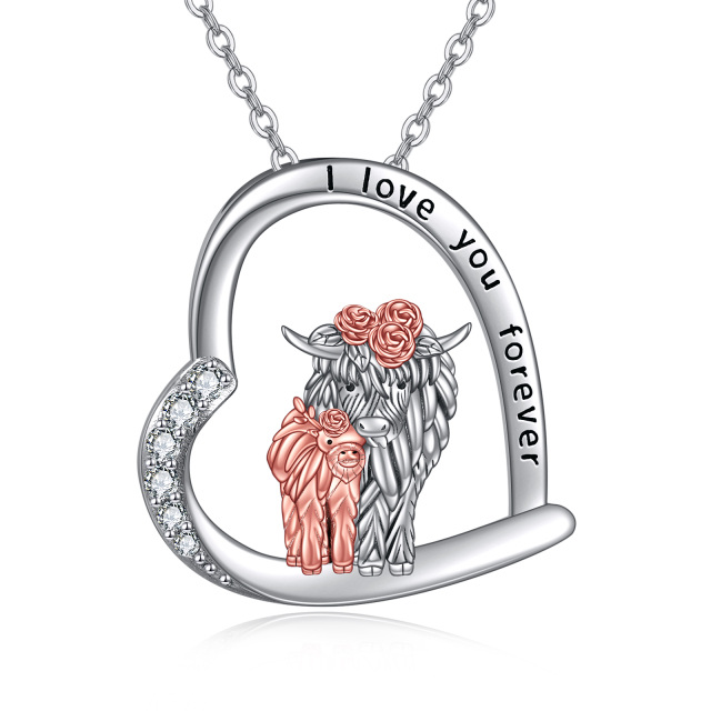 Sterling Silver Two-tone Heart Highland Cow & Rose Pendant Necklace with Engraved Word