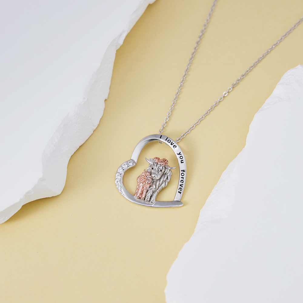 Sterling Silver Two-tone Heart Highland Cow & Rose Pendant Necklace with Engraved Word-3