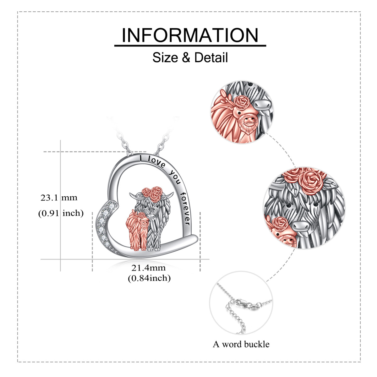 Sterling Silver Two-tone Heart Highland Cow & Rose Pendant Necklace with Engraved Word-5