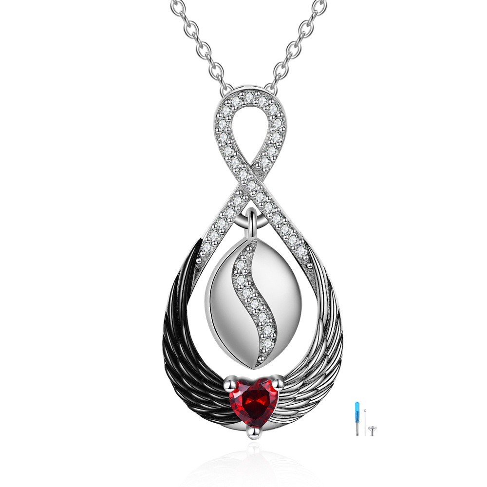 Sterling Silver Two-tone Heart Cubic Zirconia Infinite Symbol & Angel Wings Urn Necklace for Ashes-1
