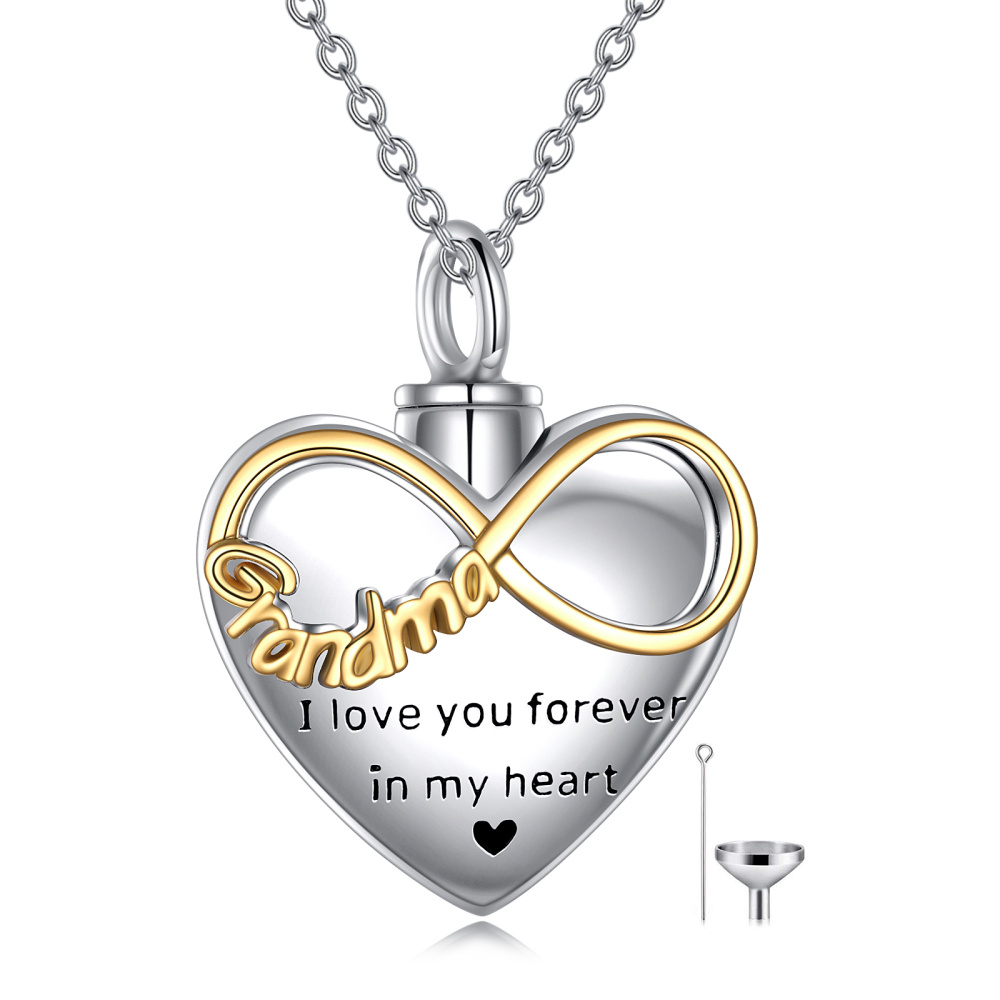 Collana in argento sterling bicolore con cuore e simbolo dell'infinito per le ceneri con parola incisa-1