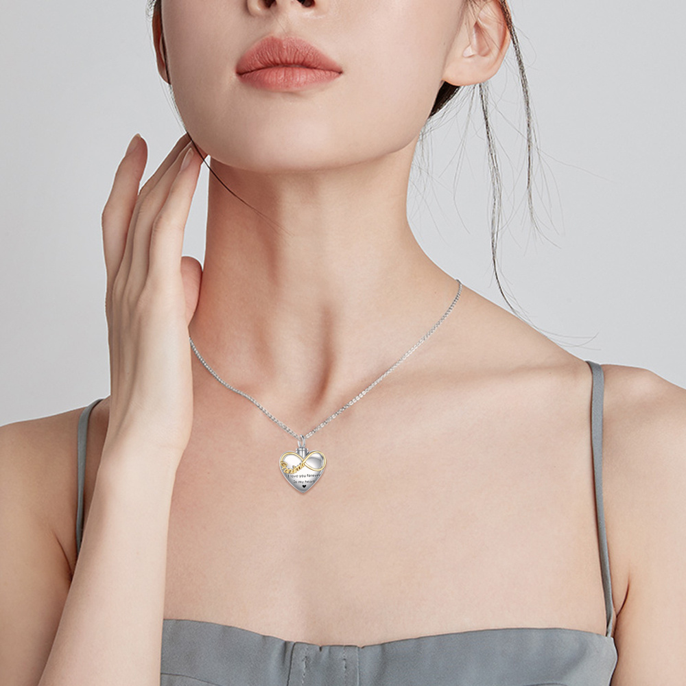 Collana in argento sterling bicolore con cuore e simbolo dell'infinito per le ceneri con parola incisa-2