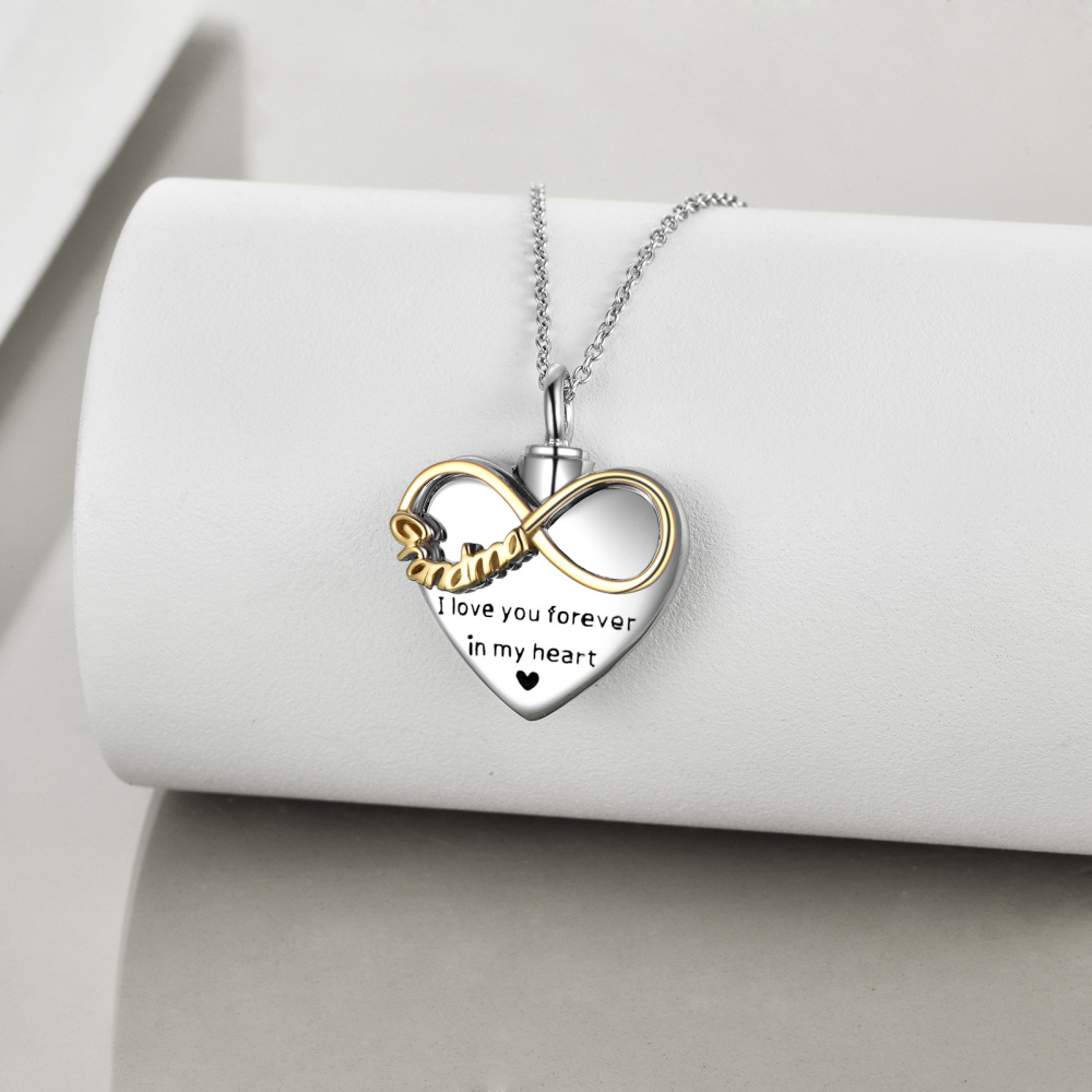 Collana in argento sterling bicolore con cuore e simbolo dell'infinito per le ceneri con parola incisa-3