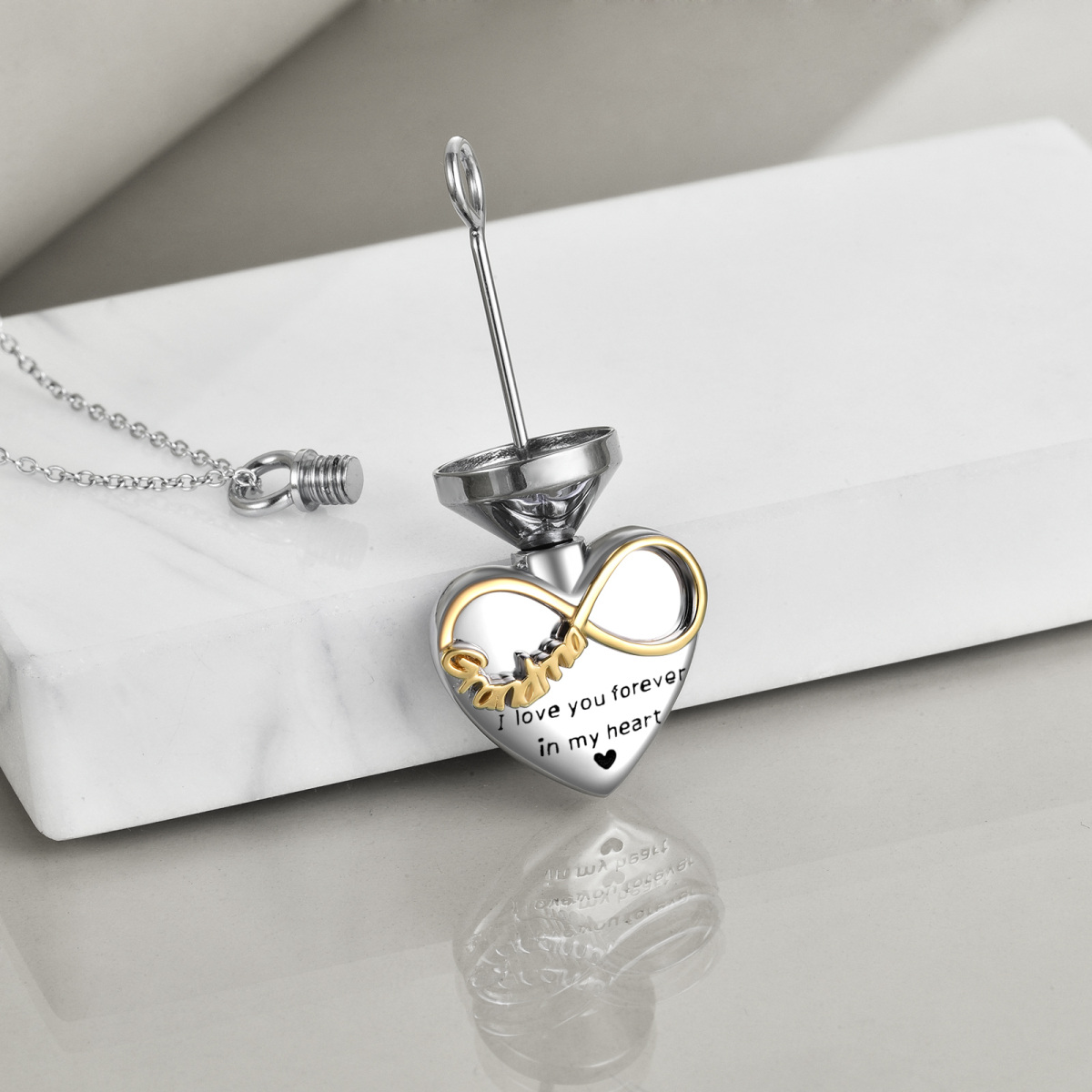 Sterling Silver Two-tone Heart & Infinity Symbol Urn Necklace for Ashes with Engraved Word-4