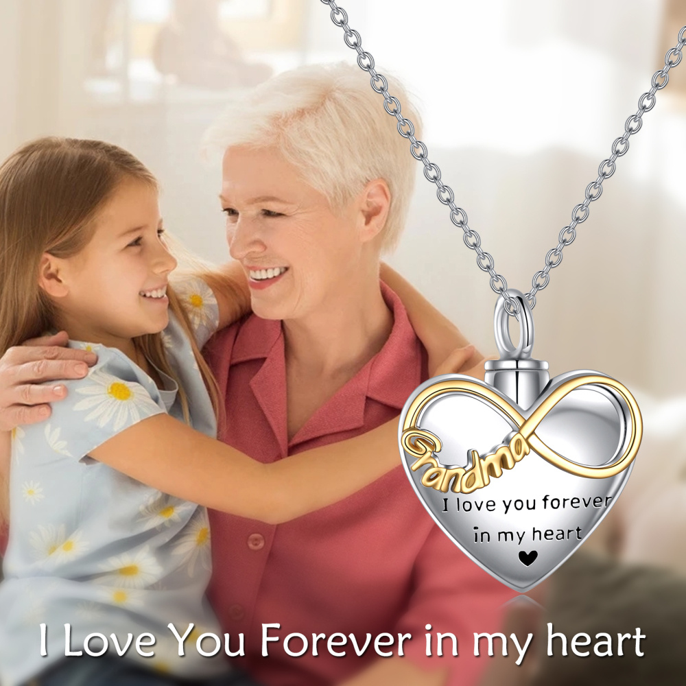 Collana in argento sterling bicolore con cuore e simbolo dell'infinito per le ceneri con parola incisa-5