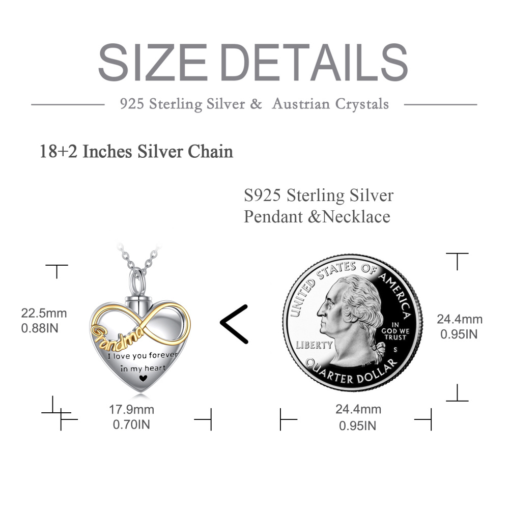Collana in argento sterling bicolore con cuore e simbolo dell'infinito per le ceneri con parola incisa-6