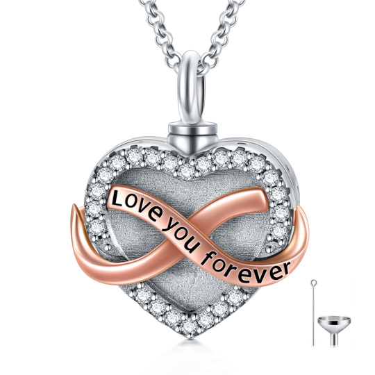 Sterling zilveren tweekleurige hart & oneindigheid symbool Urn ketting voor as met gegraveerd woord