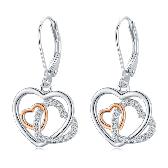 Sterling Silver Two-Tone Cubic Zirconia Heart With Heart Lever-Back Earrings For Women